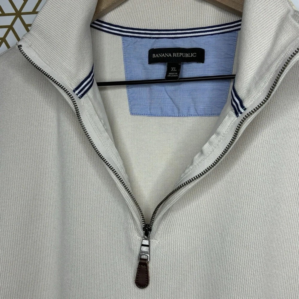 Banana Republic Ivory XL 1/4 Zip Mock Neck Knit Pullover Sweater Elbow Patches